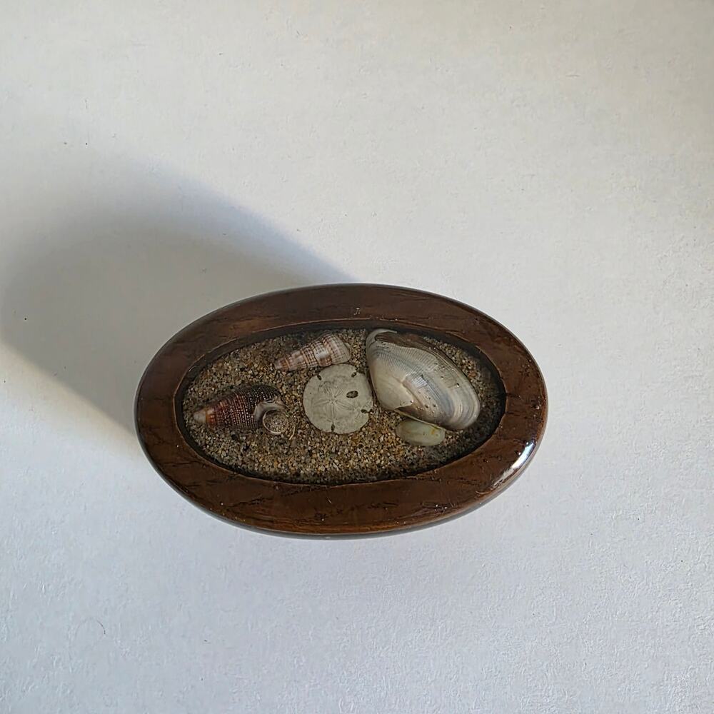 Vintage Wood Trinket Box Resin Lid Real Seashell Beach Sand Jewelry Keepsake Box